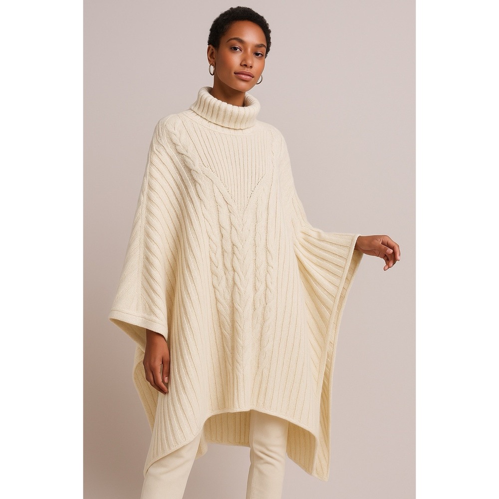 G Label by Goop Turtleneck Poncho OS Natural Virgin Wool Cable Knit Luxury